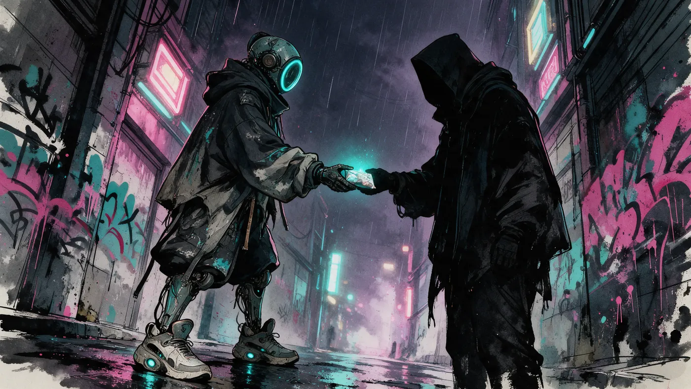 EMP handing a glowing package to a hooded figure in an alley