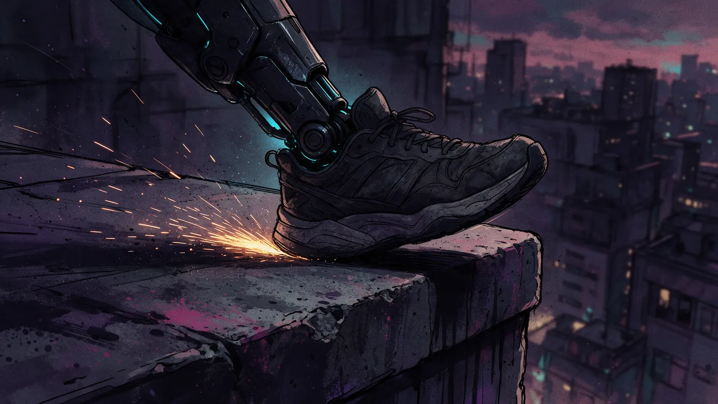 A robotic ankle skidding along a ledge, throwing sparks