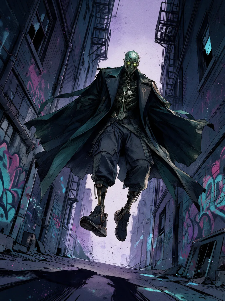 Ash dropping into an alley, coat flaring