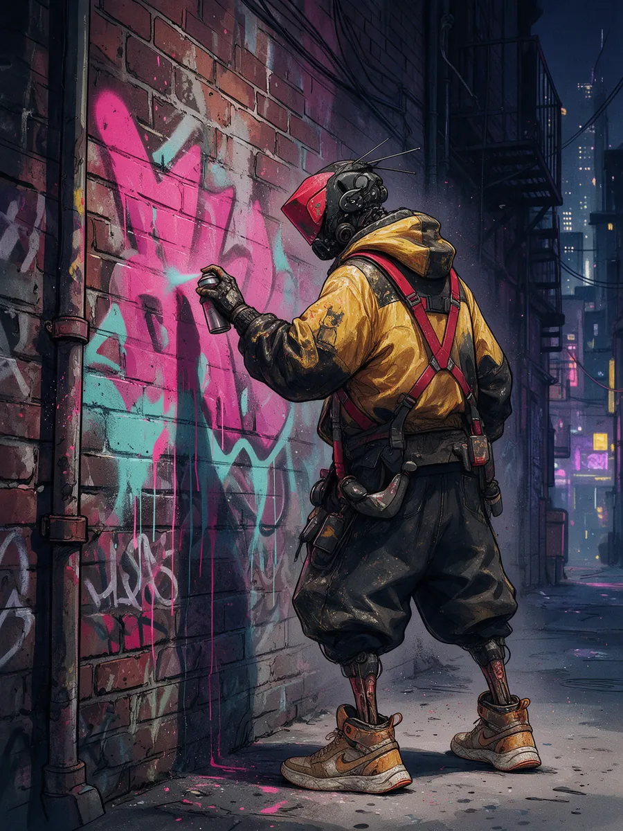 Cab spraying graffiti in an alley