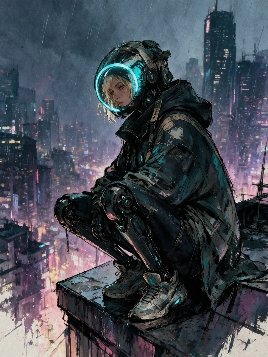 EMP crouched on a rooftop ledge in the rain