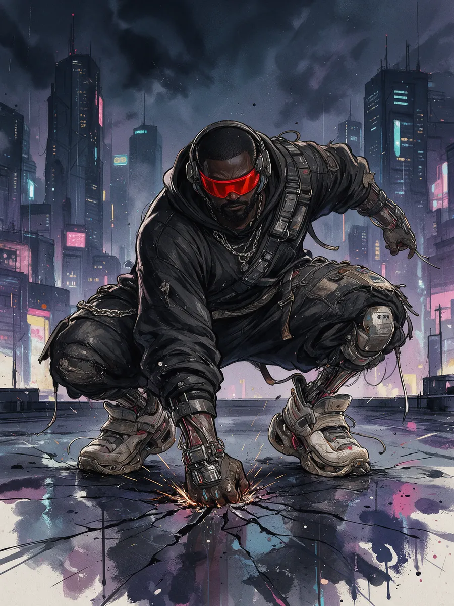 Redline landing on a rooftop, cracking the ground