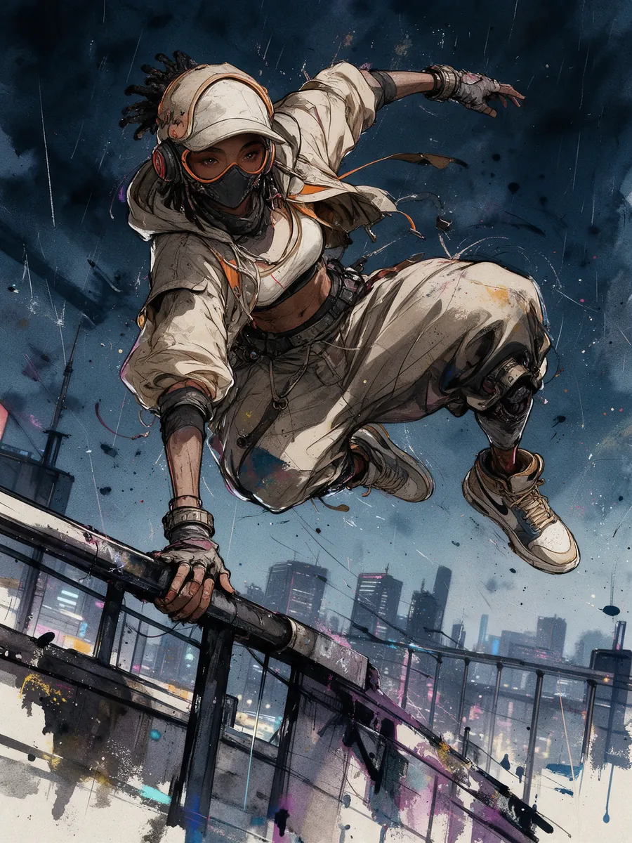 Tank vaulting a rooftop railing