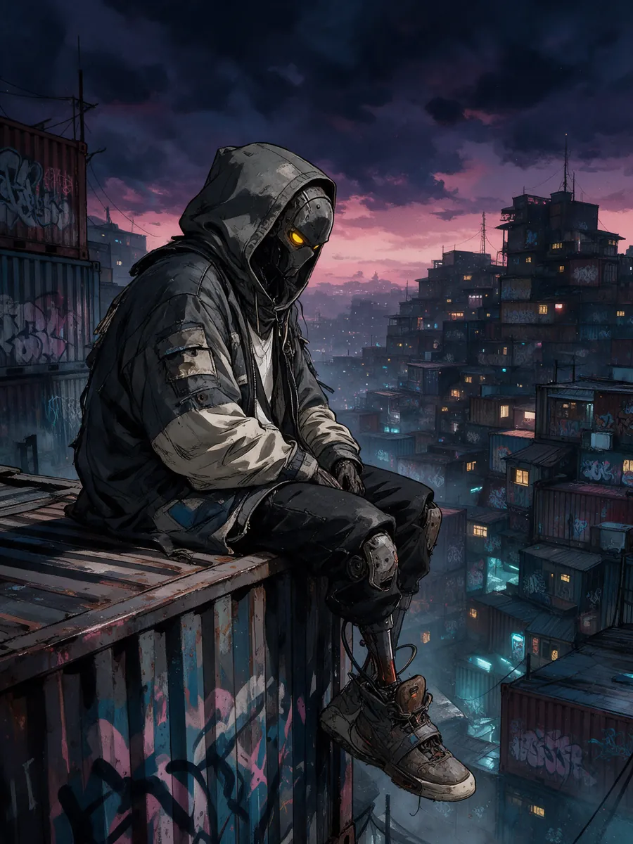 A masked courier sitting on a stack of shipping containers