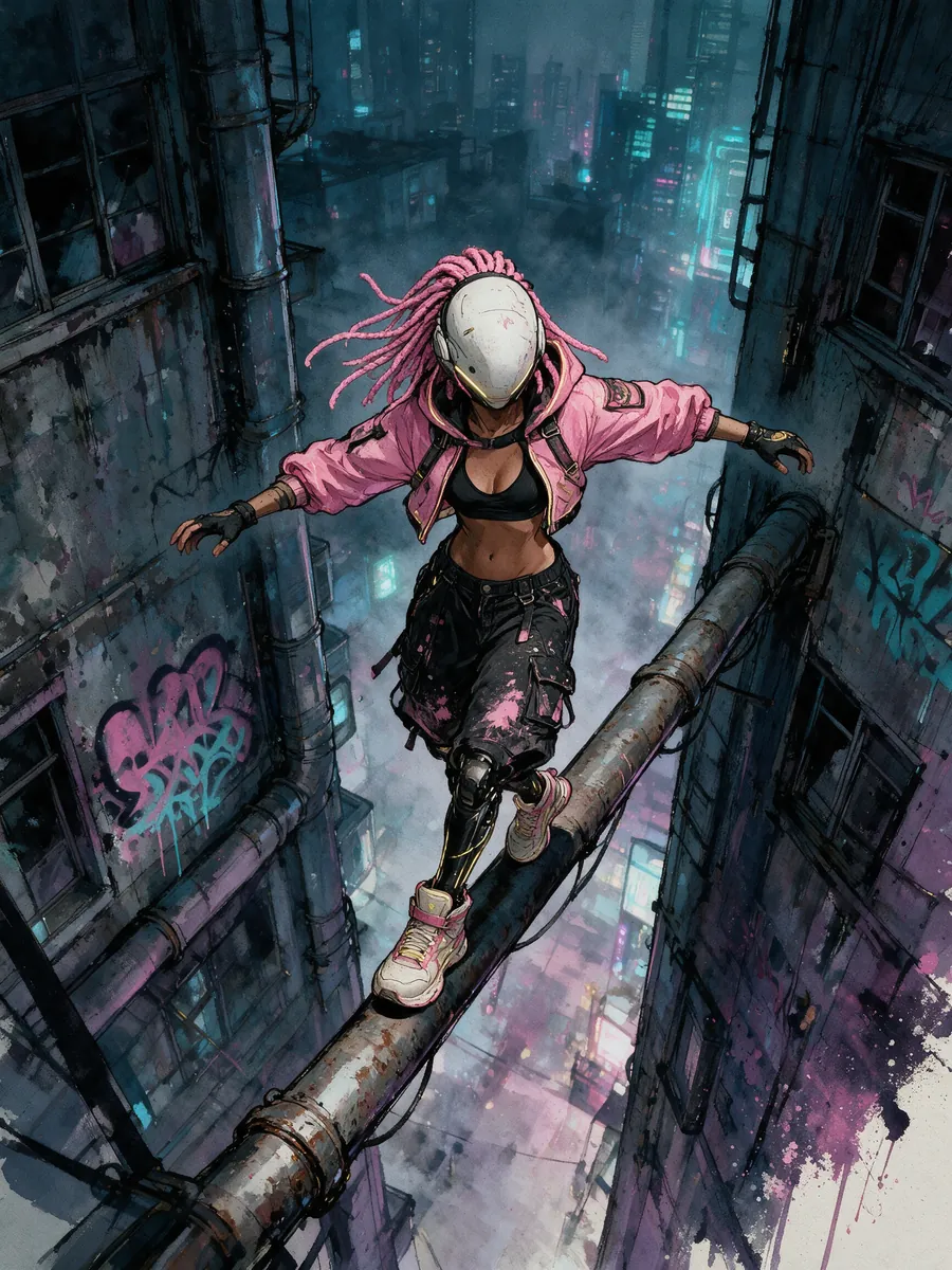 Zip balancing on a pipe high above the street