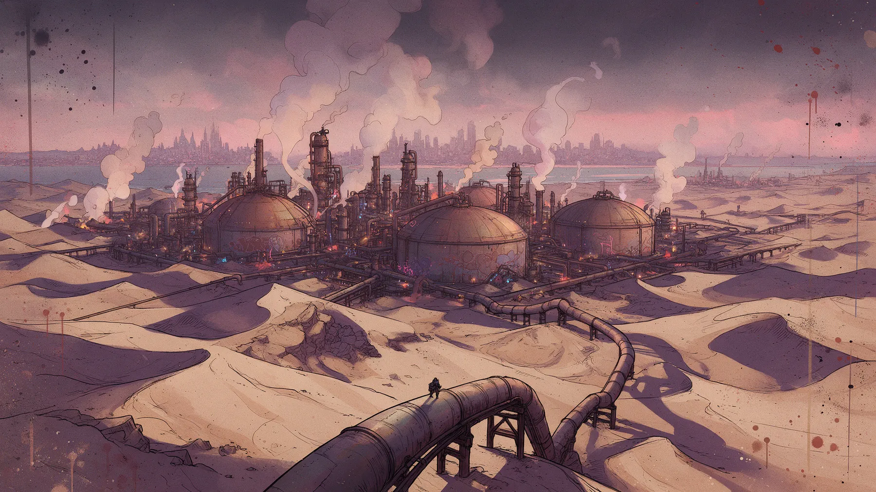 A refinery rising out of desert dunes
