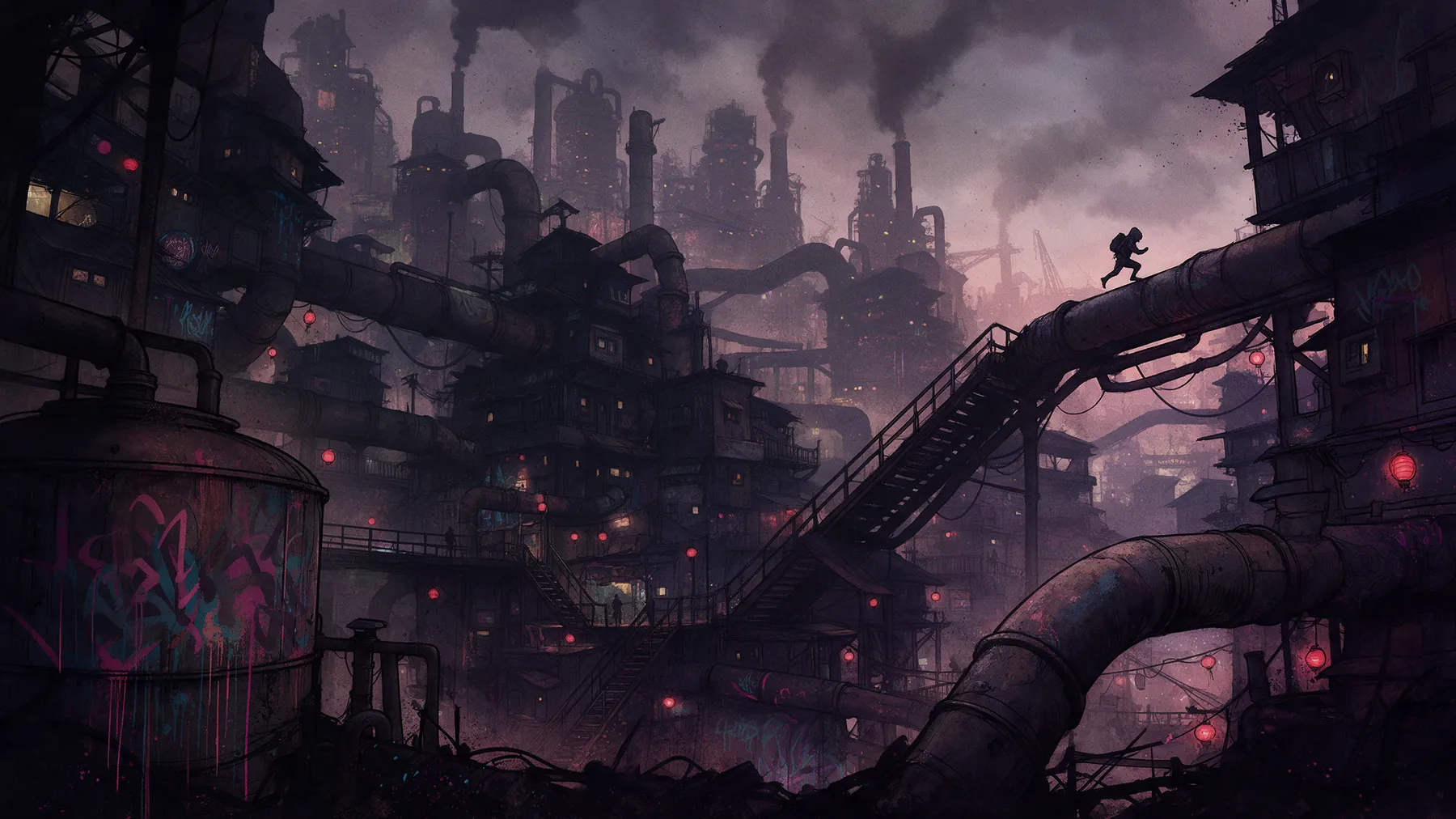 A smoky industrial district of pipes and lanterns