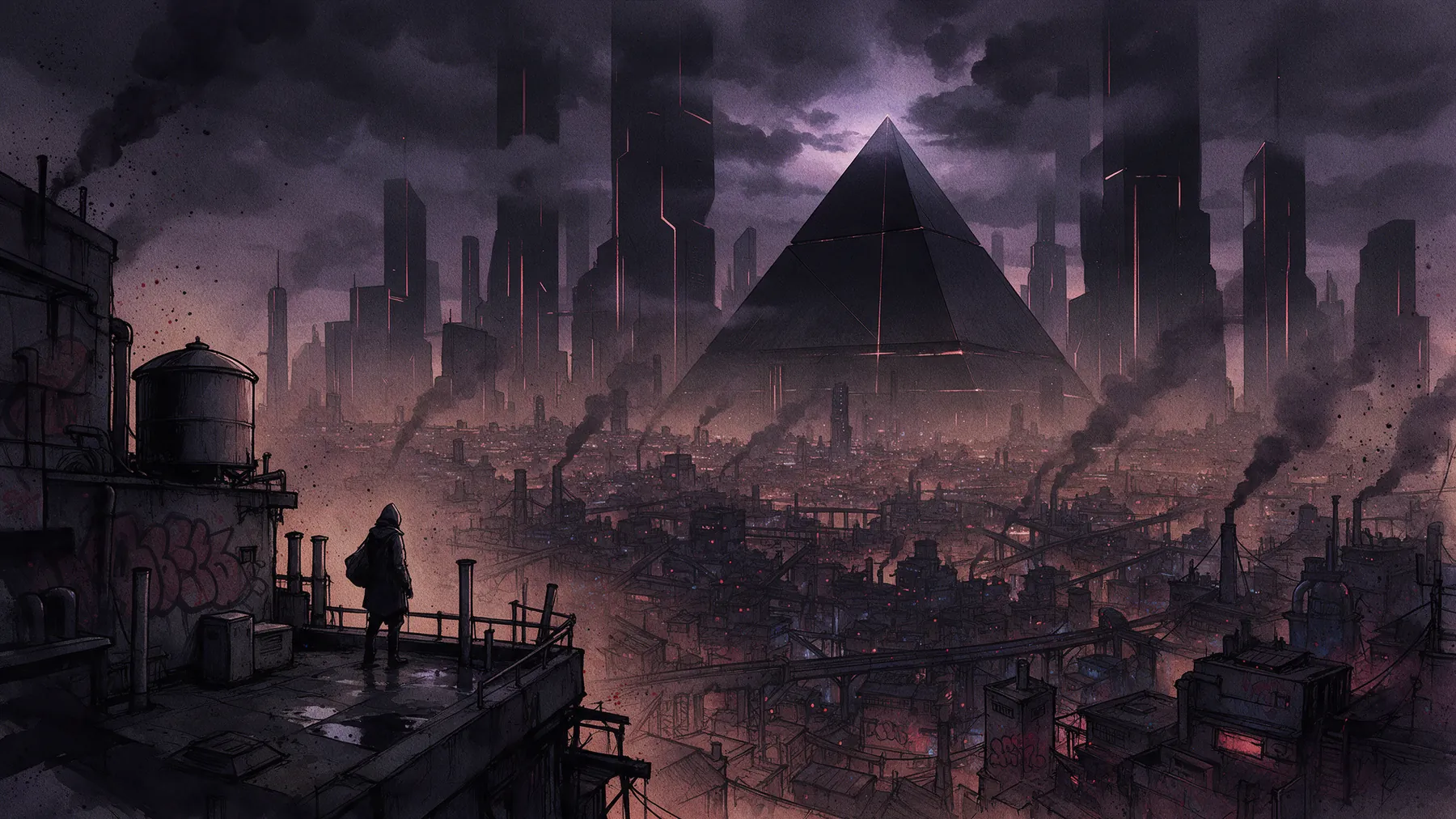 Black corporate towers and a pyramid lined with red light