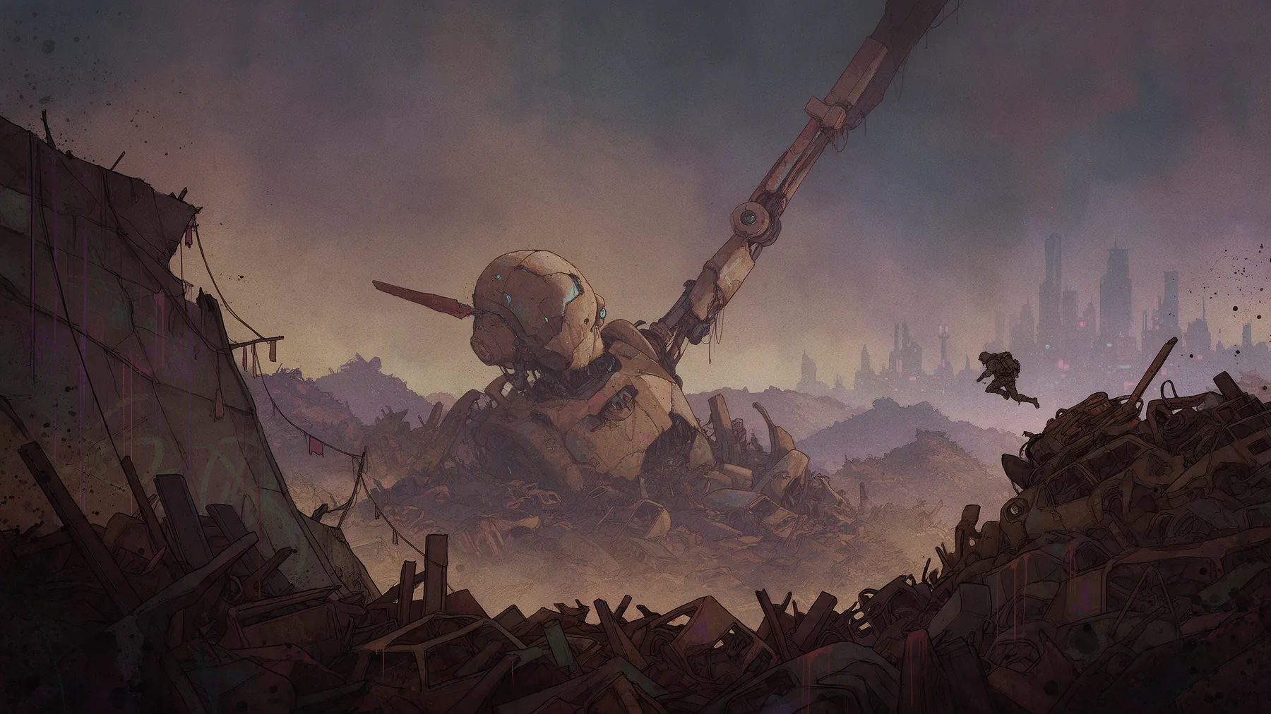 A scrap wasteland with a half-buried giant robot
