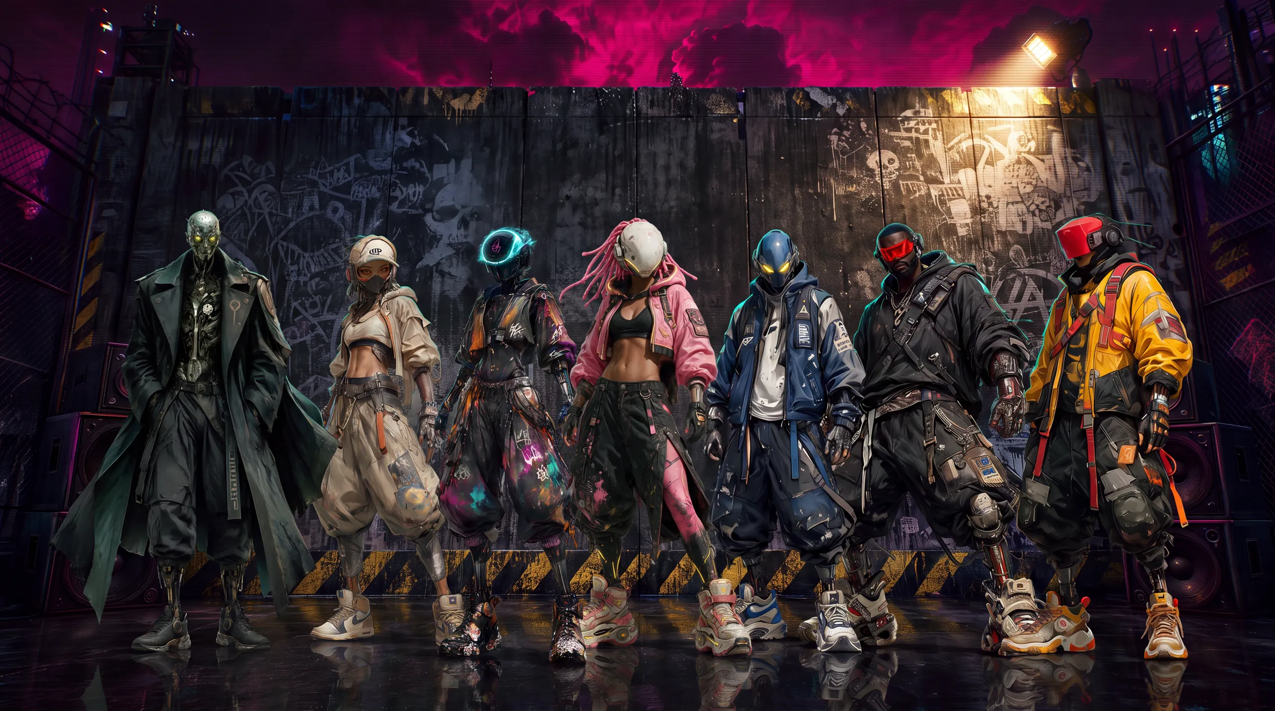 The Fuel Punks crew lined up in front of a graffiti wall