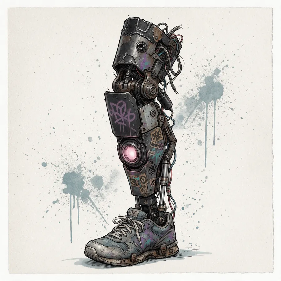 A salvaged bionic leg covered in stickers