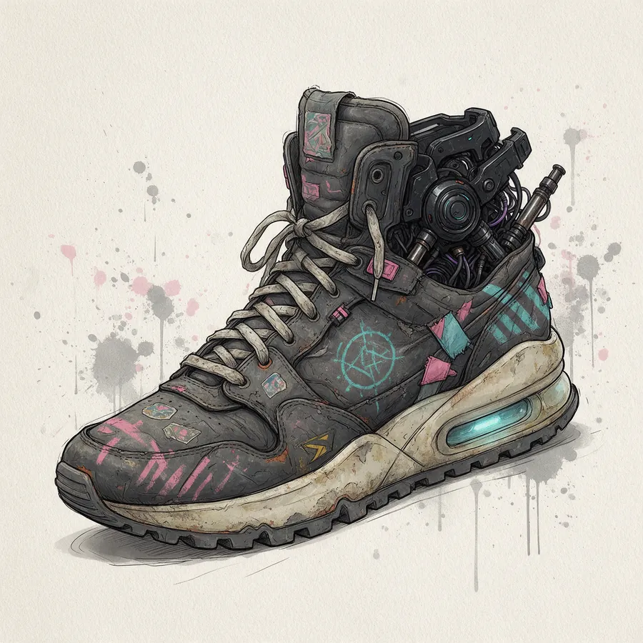 A battered sneaker fused with a robotic ankle