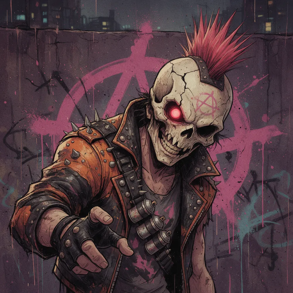 Grimm in a cracked skull helmet with a red mohawk