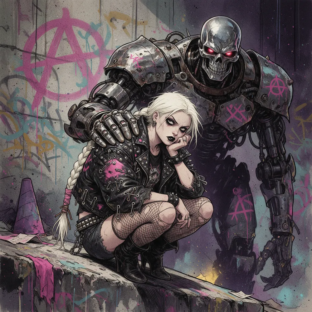 Joy crouched in front of the skull-faced robot Kill