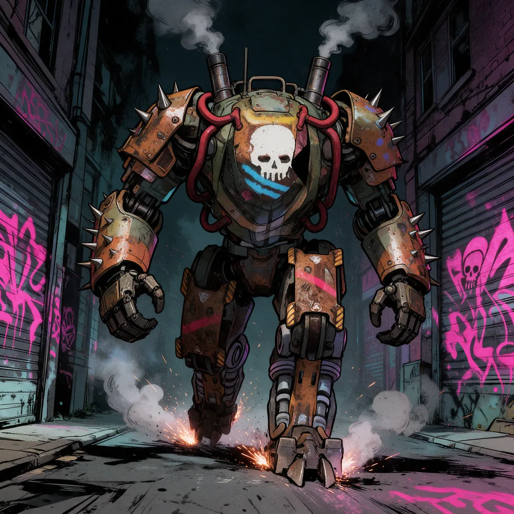 Snuke, a rusted skull-chested mech, stomping through a graffiti alley