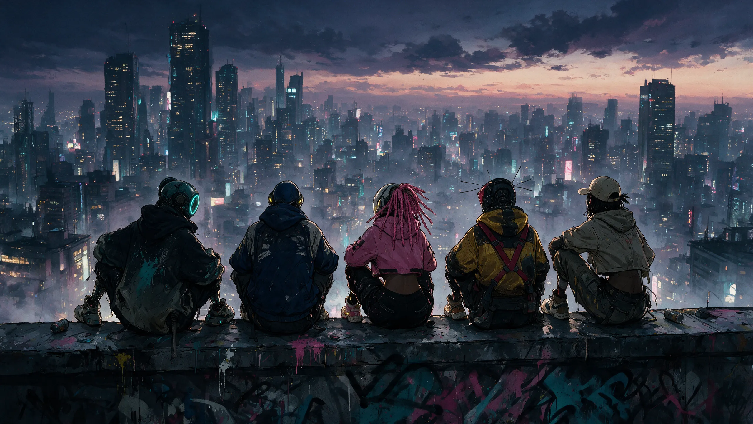 The crew sitting on a rooftop ledge at dusk with their backs to us, looking over the city